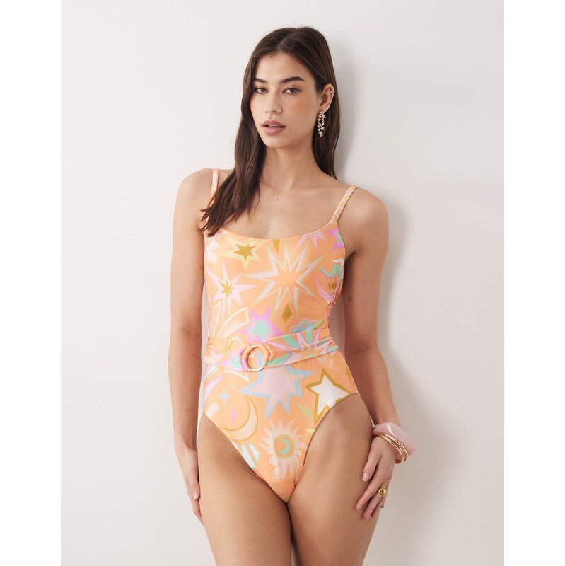 Never Fully Dressed scoop neck belt detail swimsuit in orange