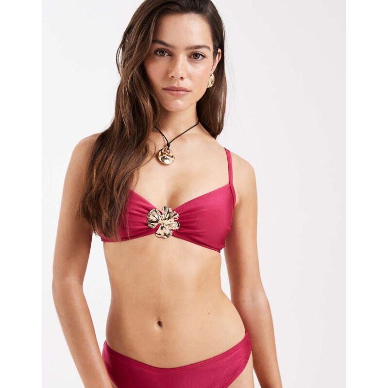 New Look gold flower trim bikini top in pink