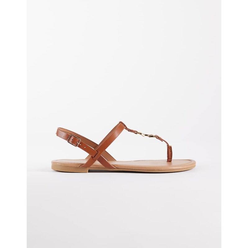 New Look thong metal detail flat sandal in tan-Brown 114403846