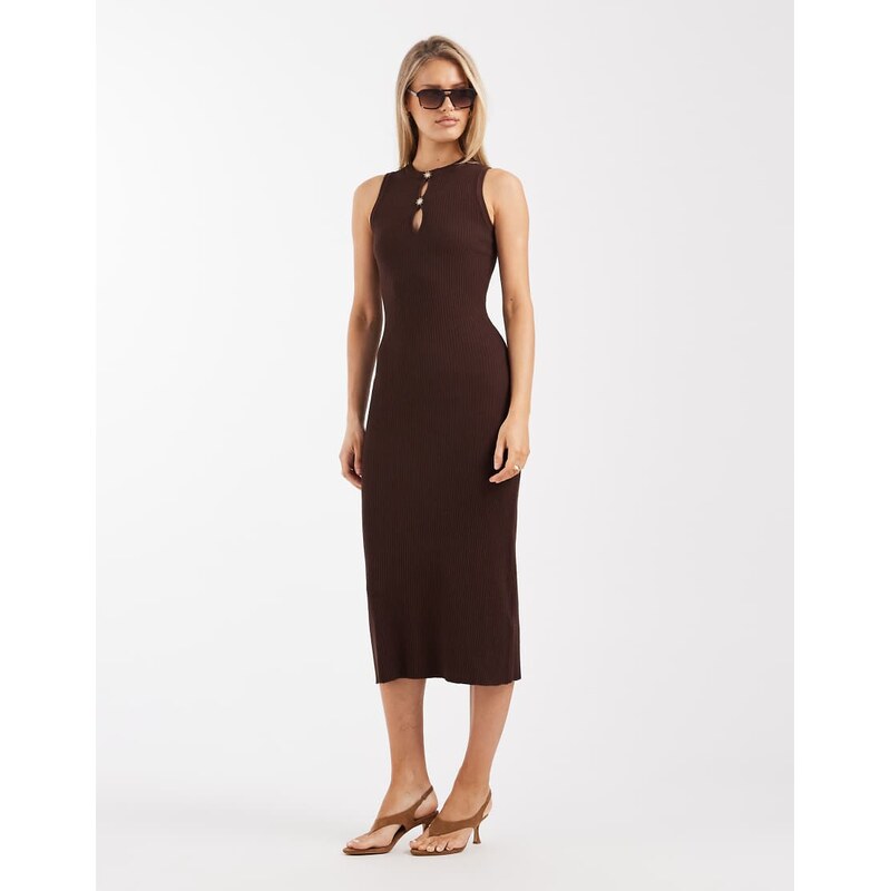 New Look sun hardware keyhole detail knitted midi dress in brown