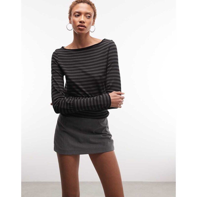 Weekday boat neck long sleeve top with snatched waist in black and 114403866