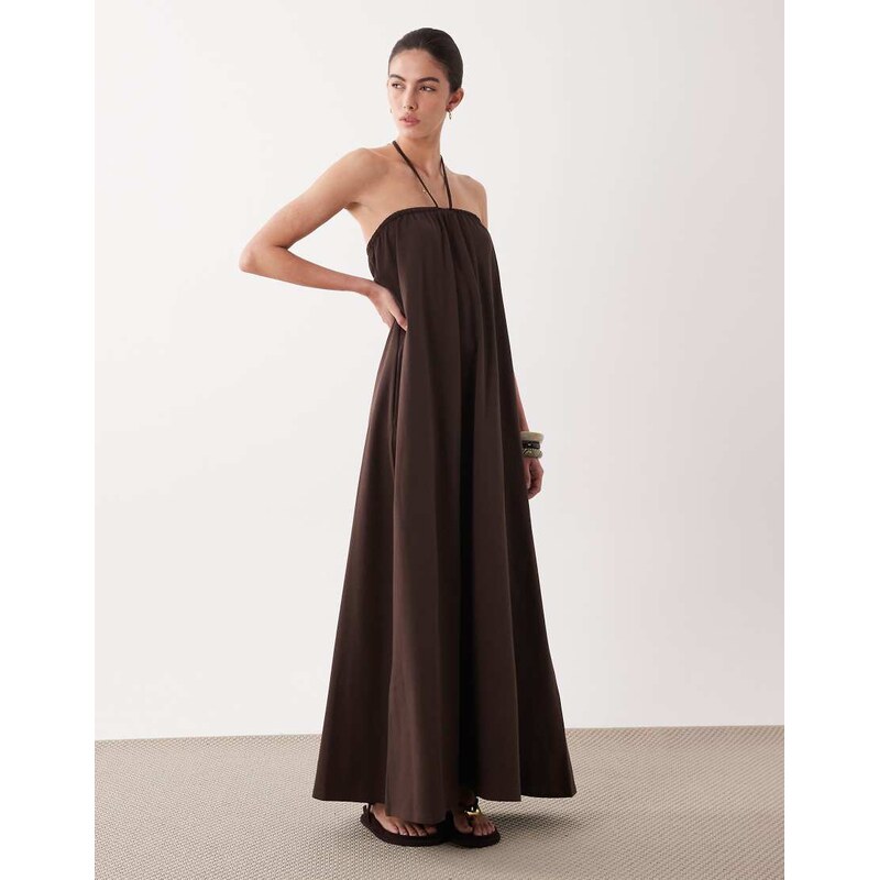 ASOS DESIGN bandeau maxi dress with tie detail in chocolate