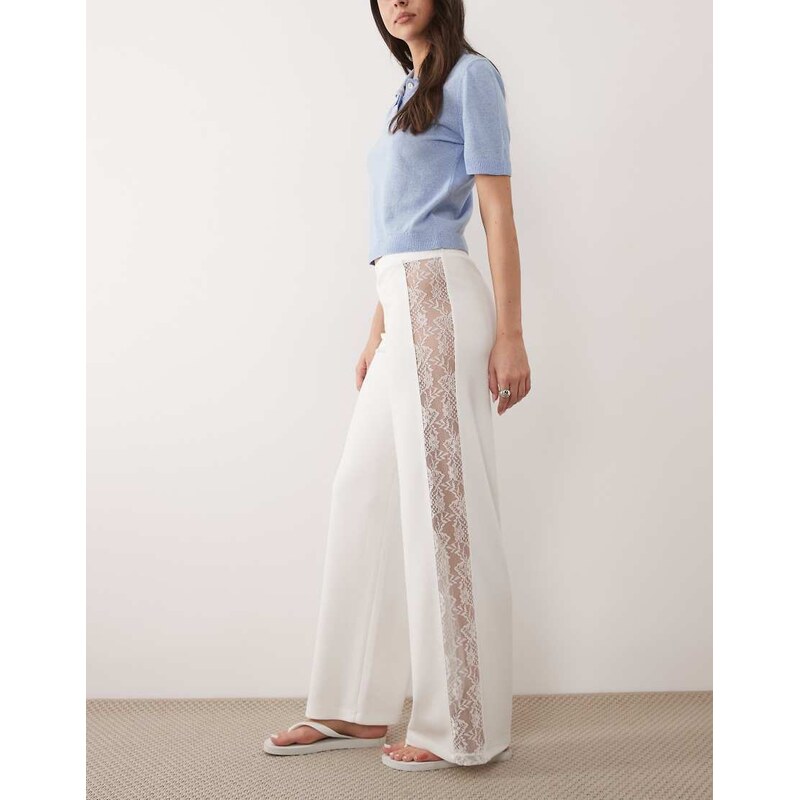 ASOS DESIGN wide leg trouser with lace panel in cream-White