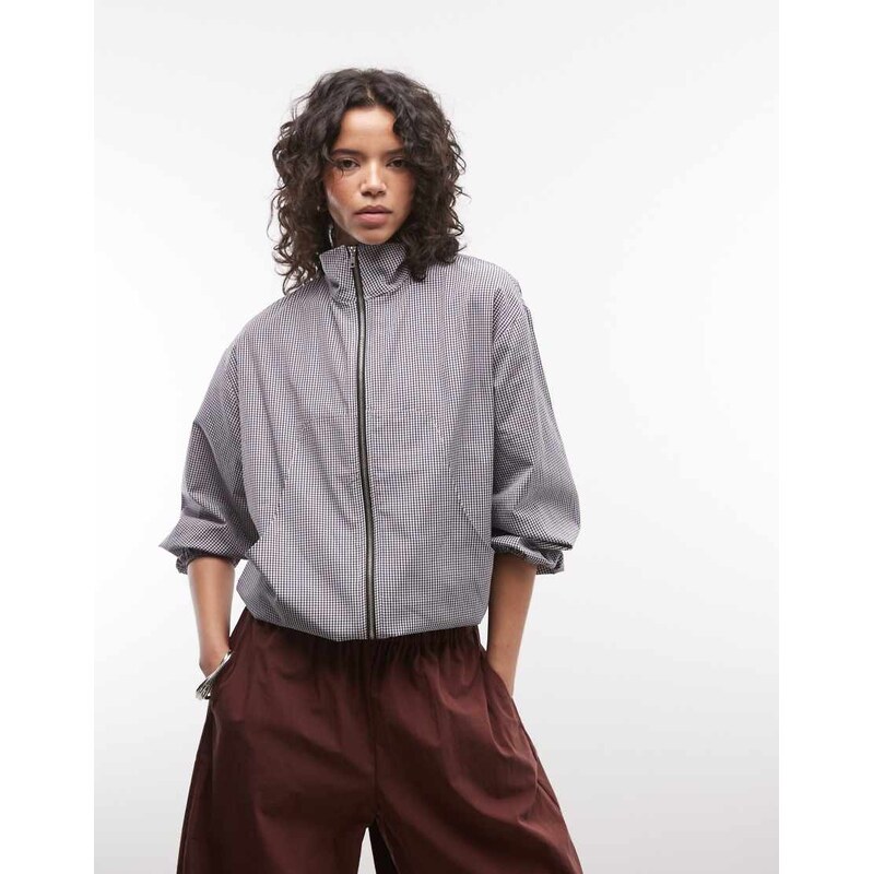 COLLUSION funnel neck zip through shirt in blue check