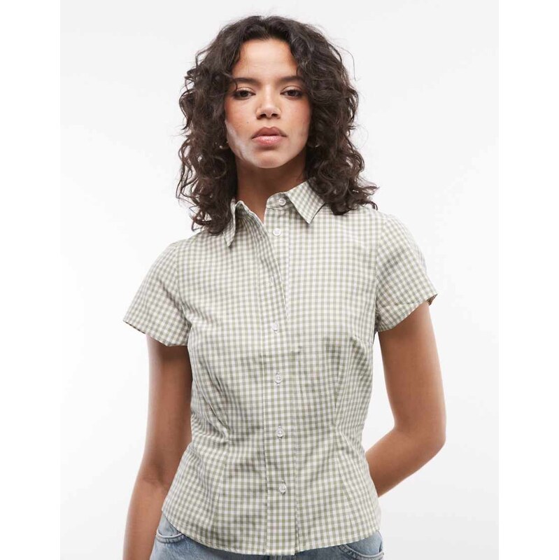 COLLUSION fitted short sleeve shirt in green check