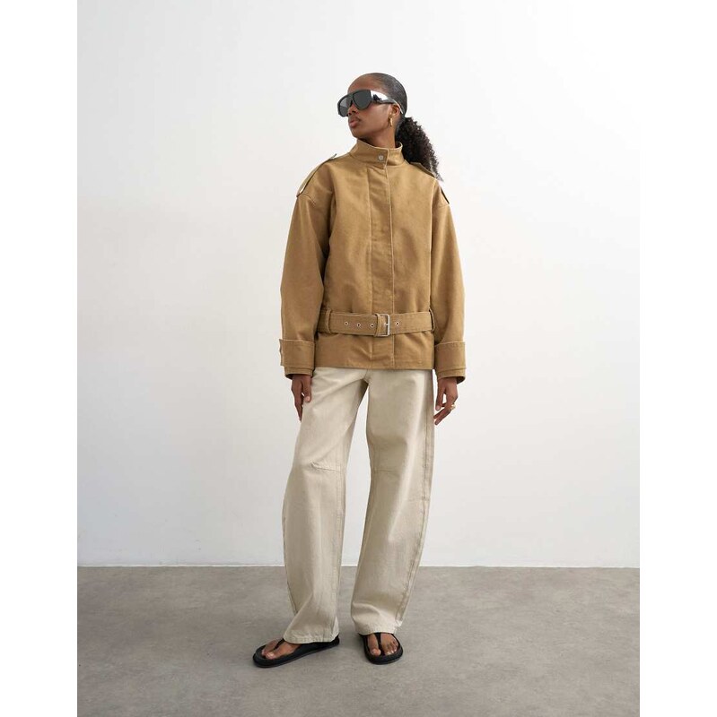 Topshop short cotton belted bomber jacket in tan-Brown