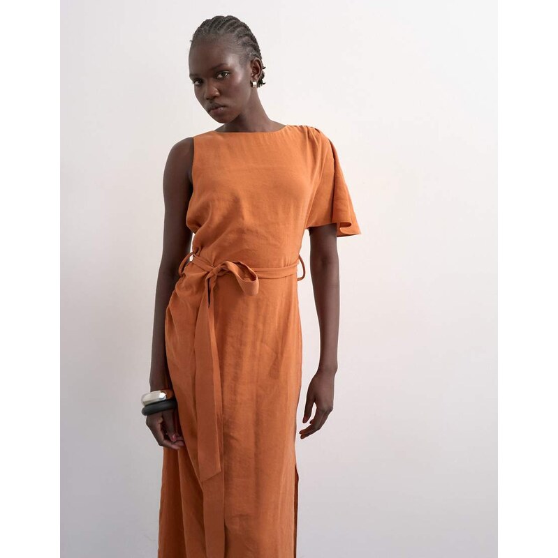 Topshop asym sleeve tie waist cupro maxi dress in burnt brown