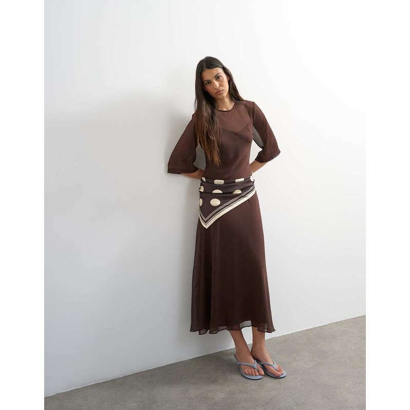 Topshop curved waistband chiffon t-shirt maxi dress in chocolate