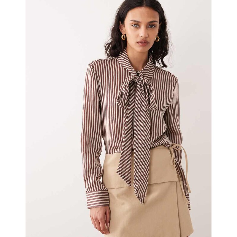 Mango high neck shirt with tie detail in brown stripe 114406345