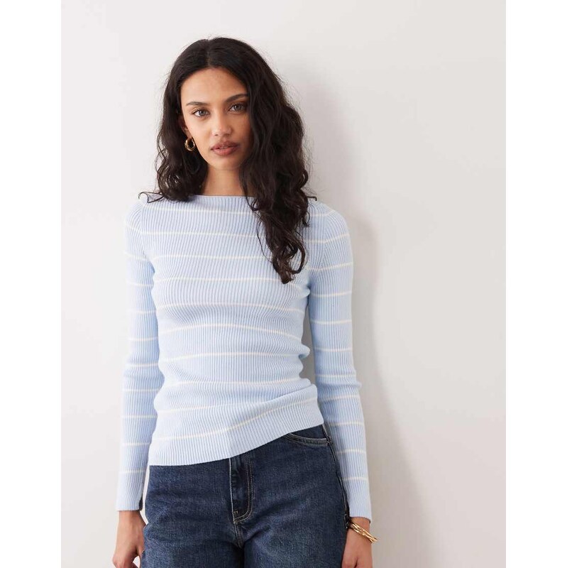 Mango boat neck long sleeve top in pale blue and white stripe