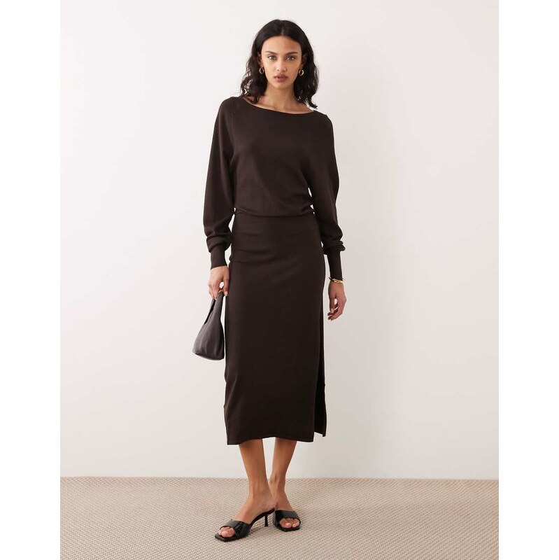 Mango boat neck midi dress in chocolate-Brown