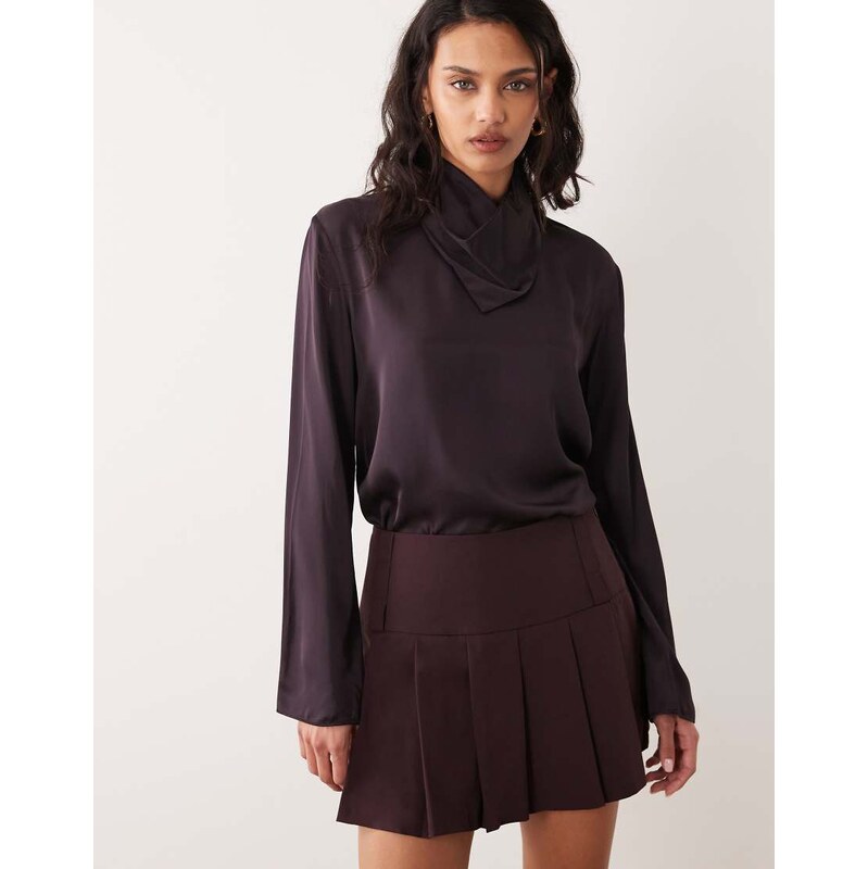 Mango Capsule satin high neck long sleeve blouse in chocolate