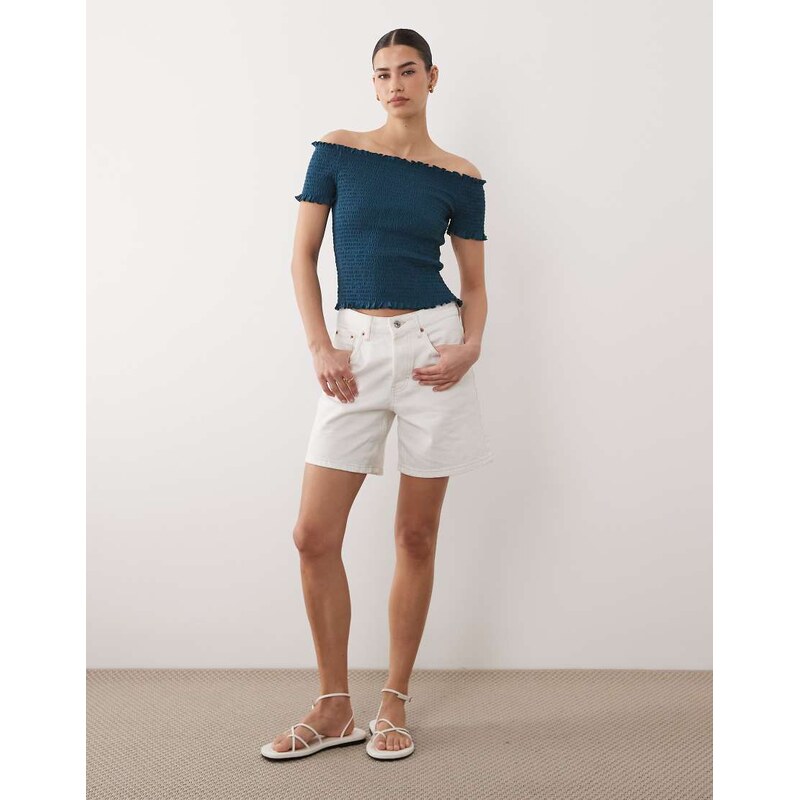 Mango Teen shirred off shoulder top in navy