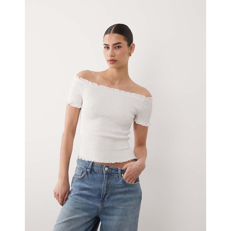 Mango Teen shirred off shoulder top in white 114406364