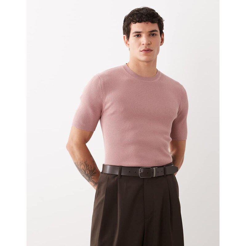 ASOS DESIGN Essential muscle-fit fine-rib knit crew-neck in pink