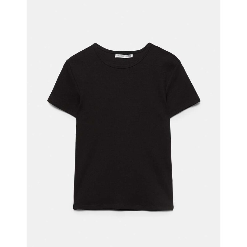 Pull&Bear Ribbed short sleeve t-shirt in black