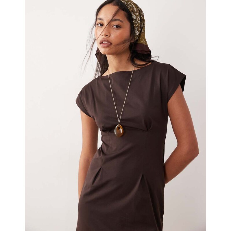 ASOS DESIGN boat neck mini dress in chocolate-Brown