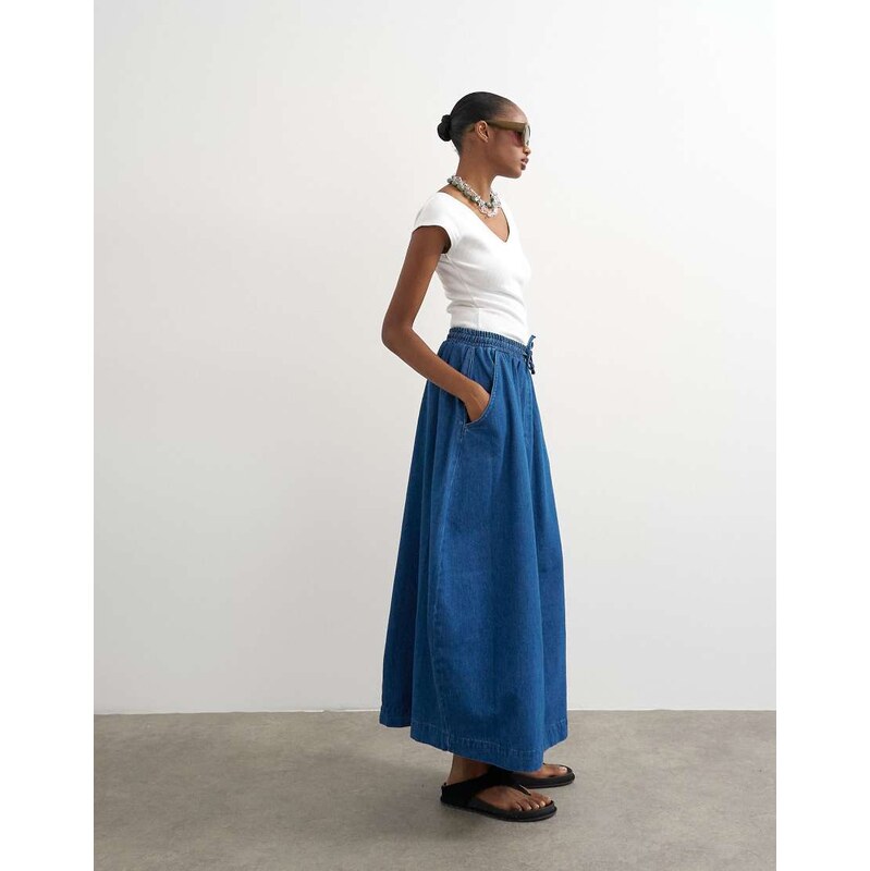 Topshop denim pull on maxi skirt in rich blue