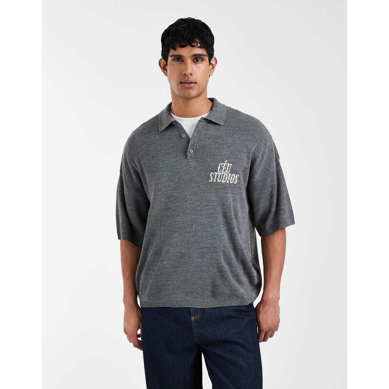 ASOS DESIGN relaxed knitted polo with ceu studios embroidery in