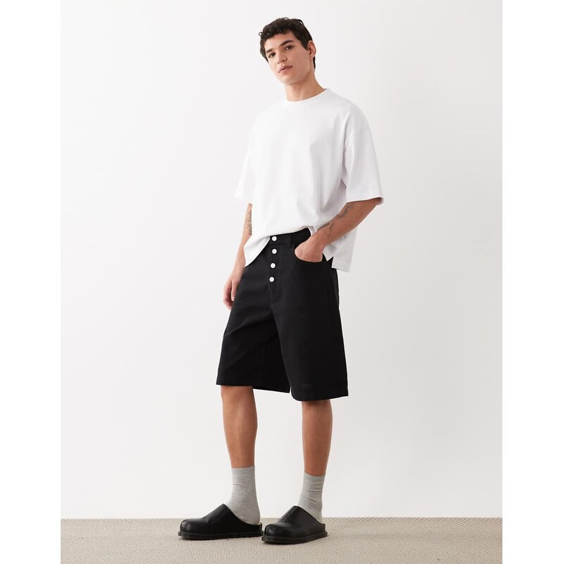 ASOS DESIGN longer length jort in black twill with exposed