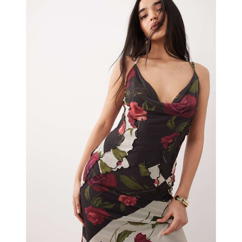 ASOS DESIGN mesh cowl neck maxi dress with exposed seams in
