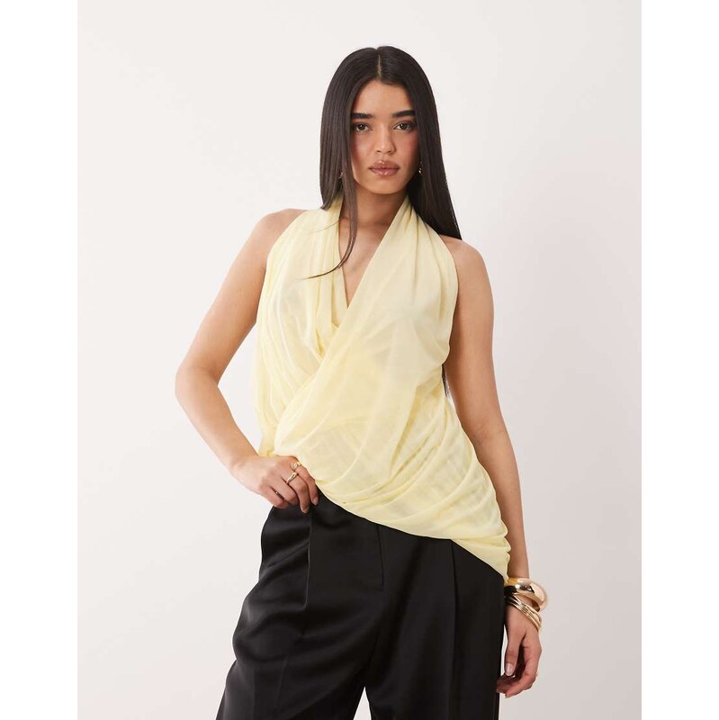 ASOS DESIGN stretch chiffon halter draped top in lemon-Yellow
