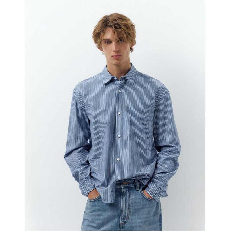 Pull&Bear Striped long sleeve shirt in pale blue