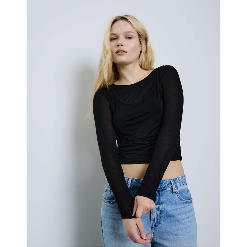 Stradivarius double garment t-shirt in black