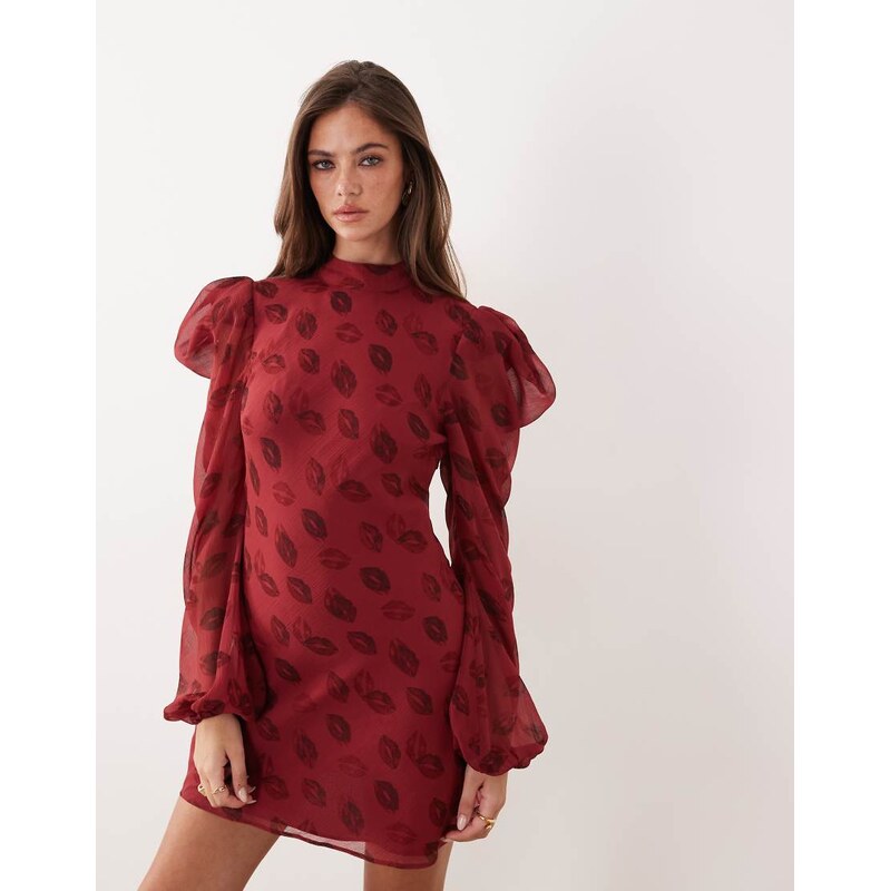 ASOS DESIGN high neck mini dress in dark red lip print-Multi
