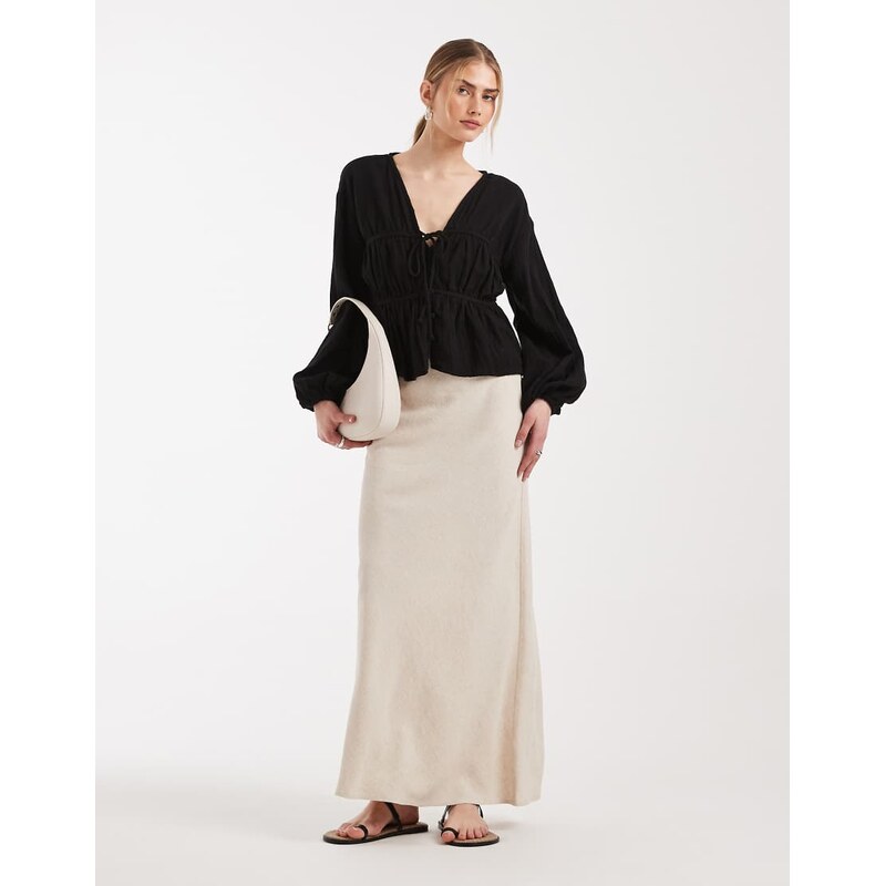 ASOS DESIGN linen bias midaxi skirt in stone-Neutral
