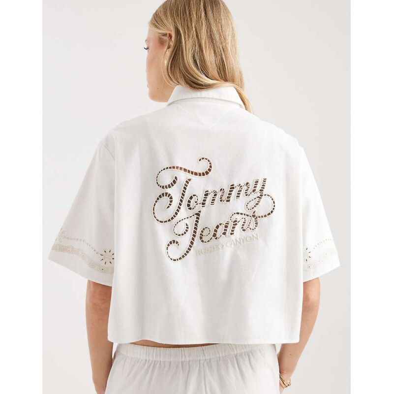 Tommy Jeans linen shirt co-ord with broderie detail in cream-White 114853670