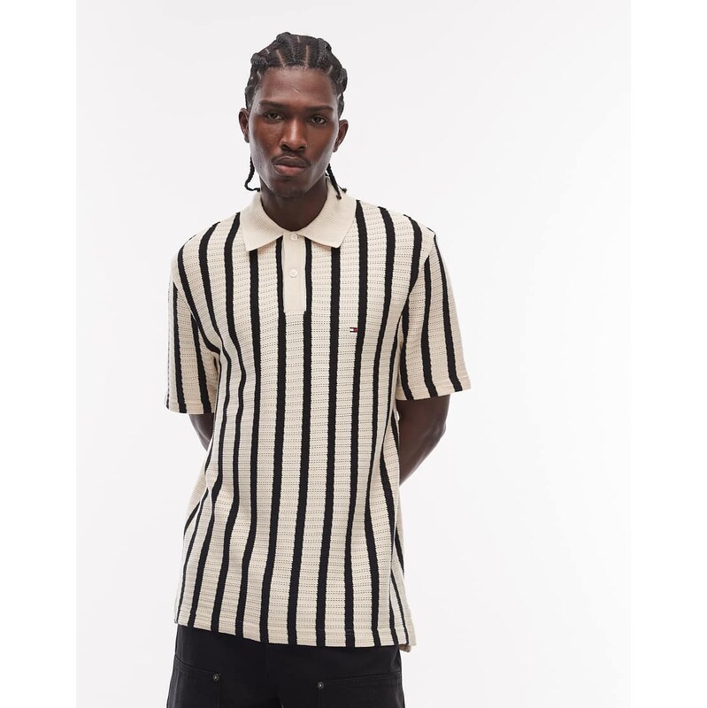 Tommy Hilfiger relaxed fit knitted polo shirt in cream & black