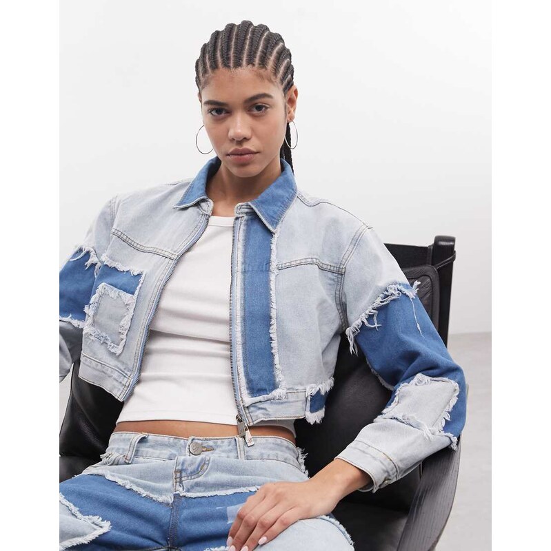 Liquor N Poker boxy distressed cut n sew denim jacket co-ord in