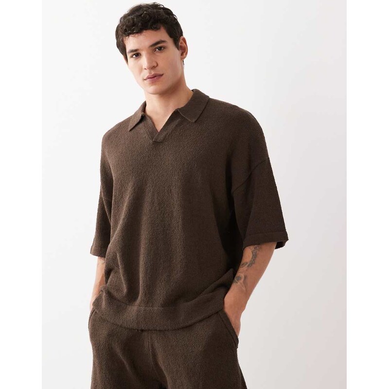 ASOS DESIGN oversized co-ord short sleeve knitted boucle notch neck polo in brown