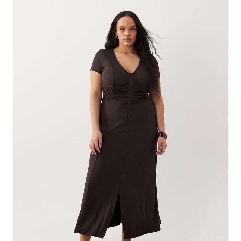 ASOS Curve ASOS DESIGN Curve button front ruched waist tea dress in 114413555