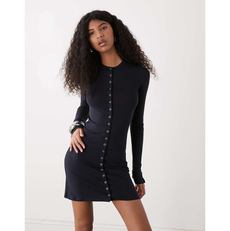 Weekday long sleeve mini dress with press stud detail in dark navy 115522372