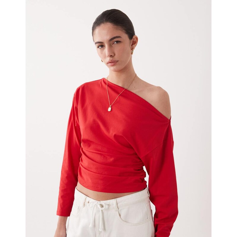 ASOS DESIGN long batwing sleeve cinched slash neck draped top in red