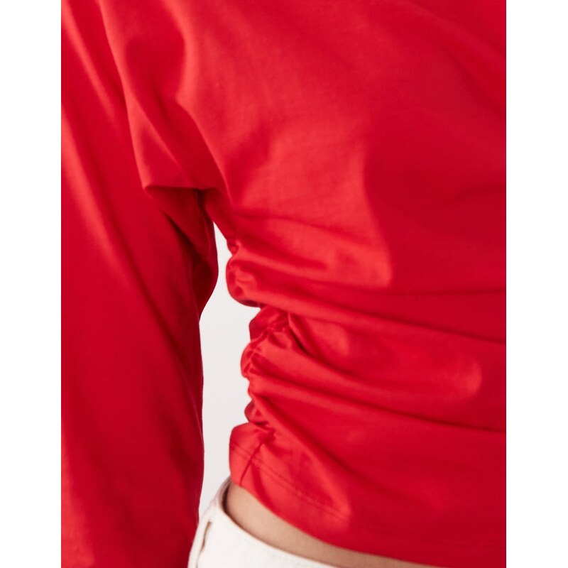 ASOS DESIGN long batwing sleeve cinched slash neck draped top in red