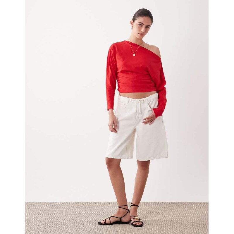 ASOS DESIGN long batwing sleeve cinched slash neck draped top in red
