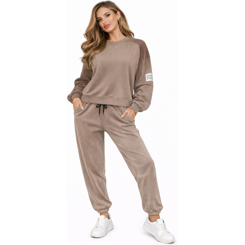 FASHION Dámská sametová tepláková souprava - světle hnědá 114411255