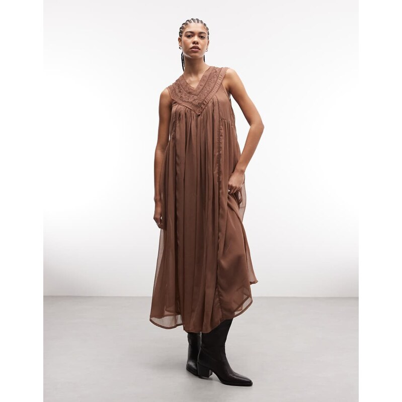 Reclaimed Vintage midi dress with lace collar in brown
