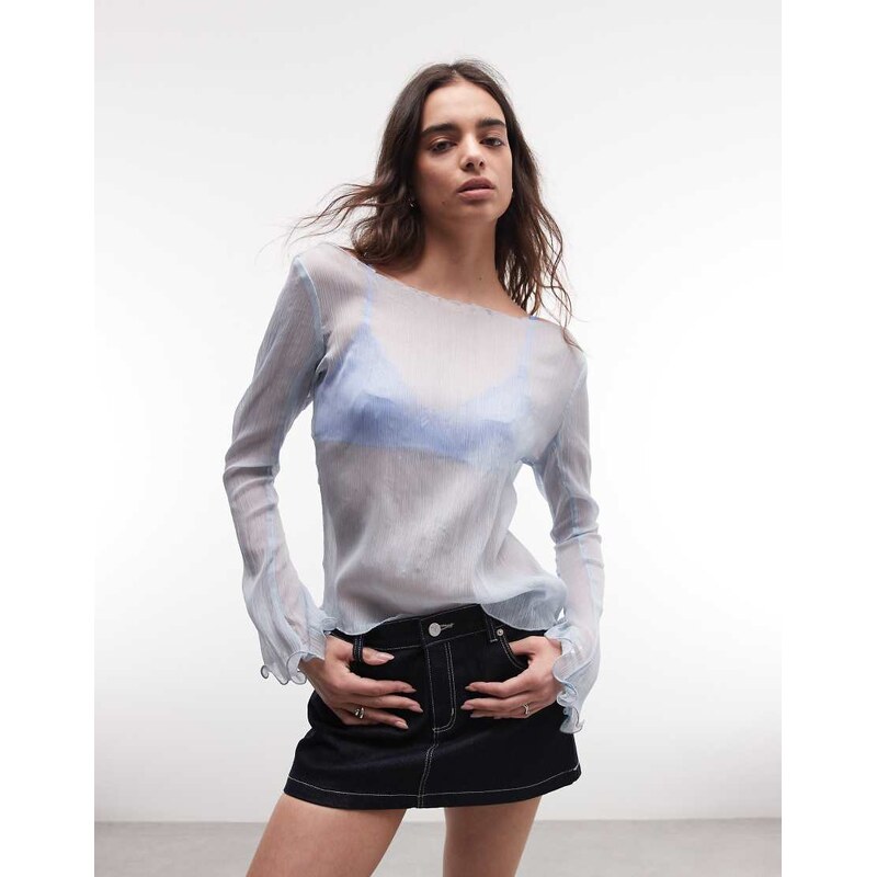 Monki sheer floaty long sleeve top in light blue