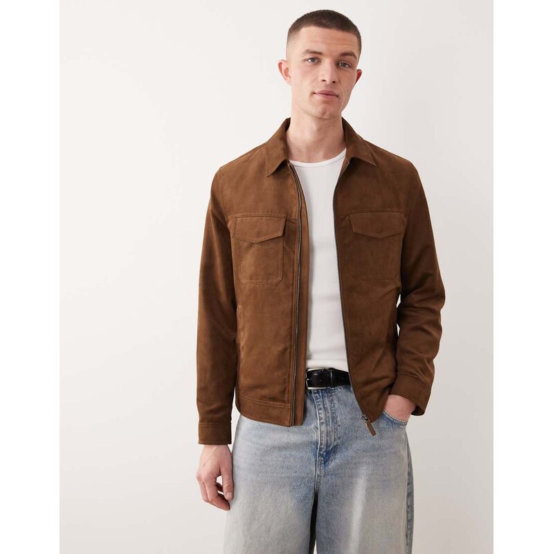 Mango faux suede zip through jacket in chocolate brown