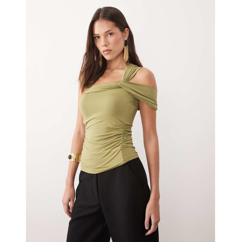 ASOS DESIGN polyamide twist shoulder ruched top in khaki-Green