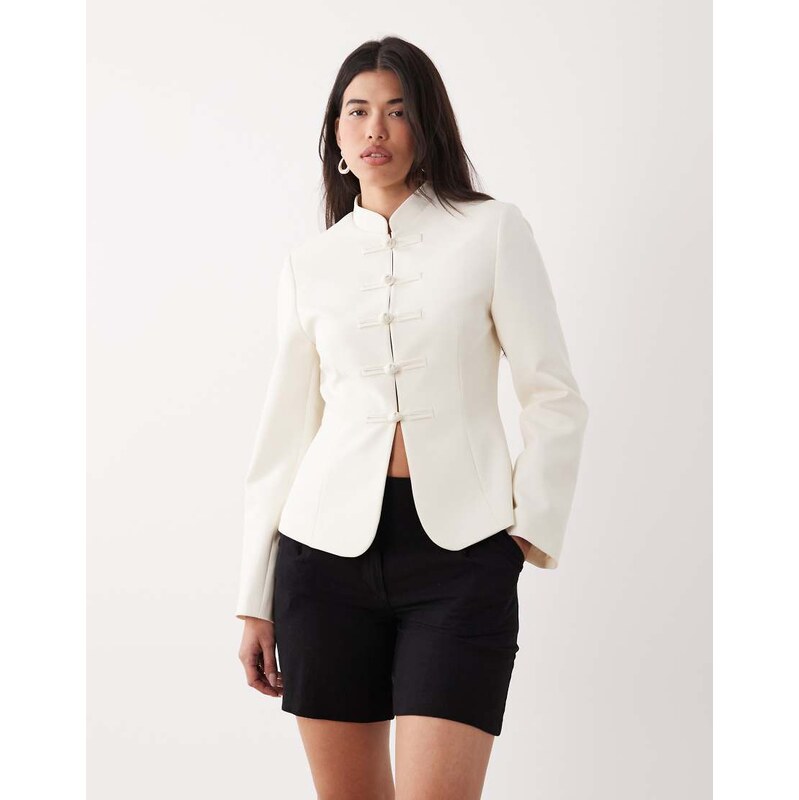 ASOS DESIGN cinched mandarin collar blazer in ivory-White