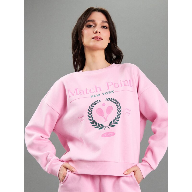 Sinsay - Bavlněná mikina crewneck s výšivkou - begóniová