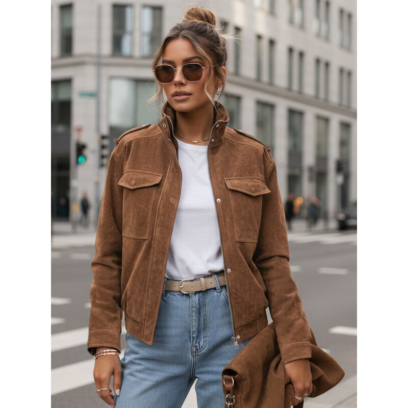 Dámská semišová bunda bomber světle hnědá FashionStreet TY5644