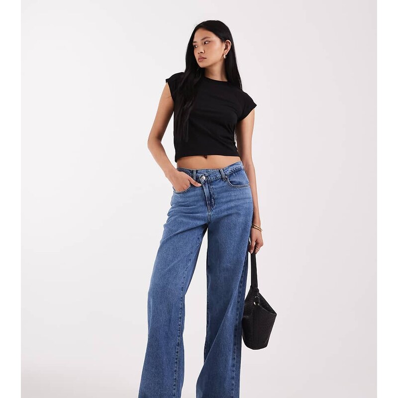 ONLY Tall Hope mid rise wide leg jeans with button detail in mid blue 114423451