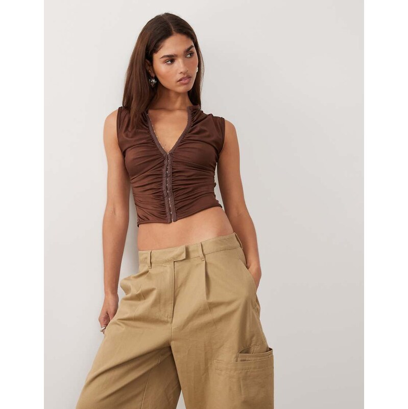 Bronze Snake Alyce ruched short sleeve top in chocolate brown 114423491