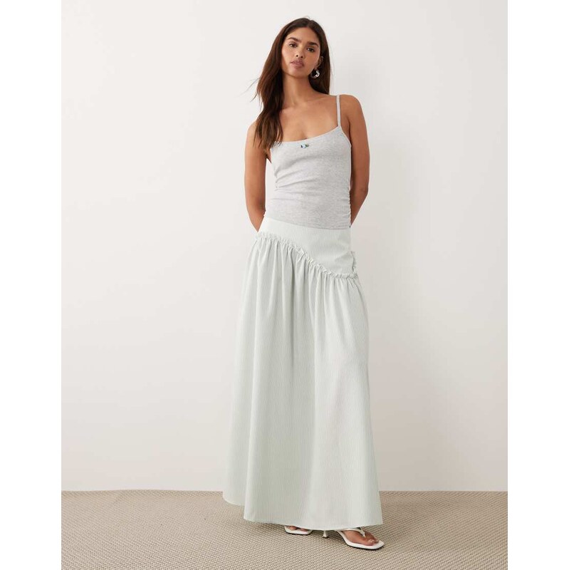 Bronze Snake drop waist detail maxi skirt in sage pinstripe-Blue